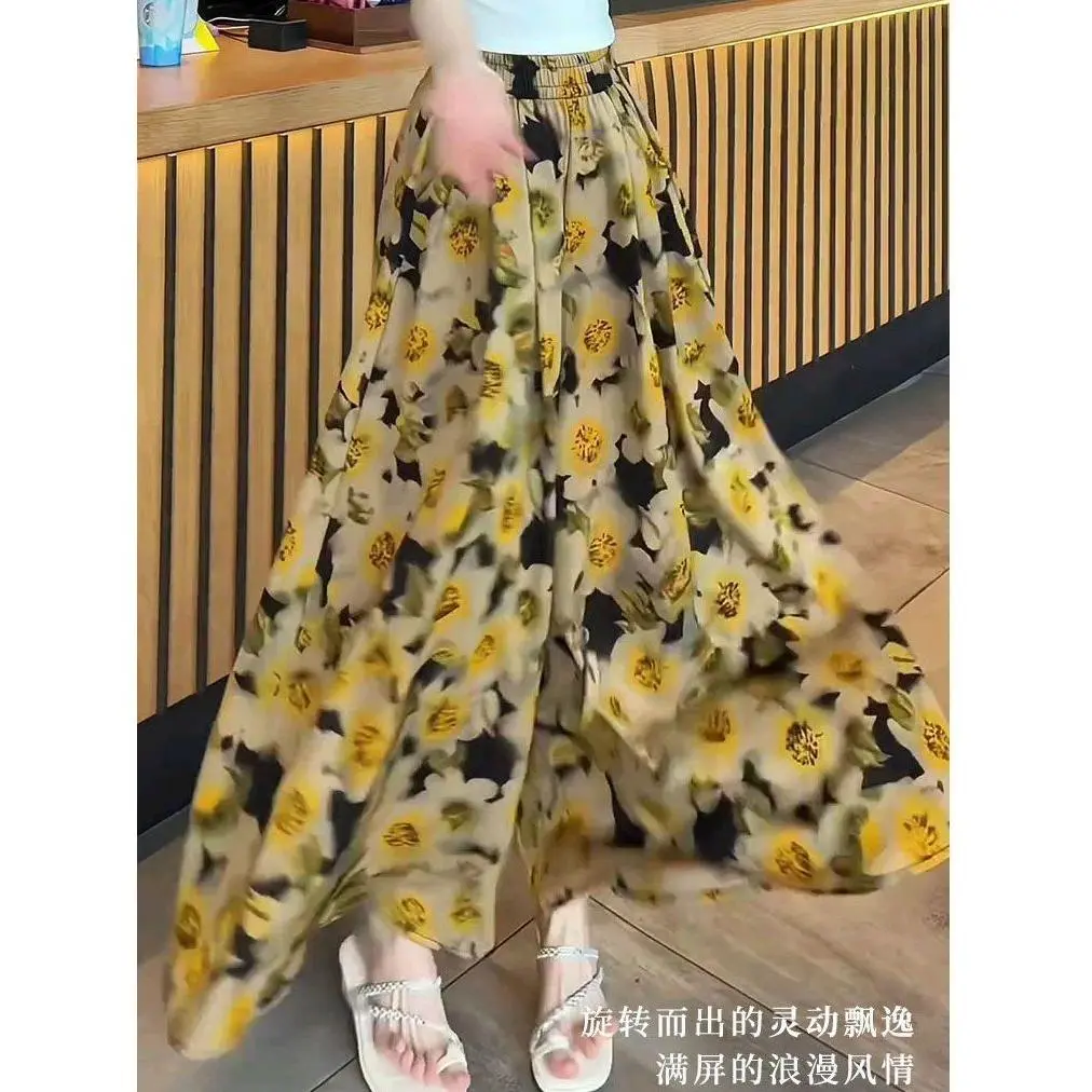 Quần Legging Váy Lụa Lạnh Dành Cho Phụ Nữ, Thiết Kế Hoa, Cạp Cao, Bó Sát, Cropped Xén, Thường Ngày, Mỏng, Phong Cách Phương Tây, Culottes, Hàng Mới Về Mùa Hè 2024