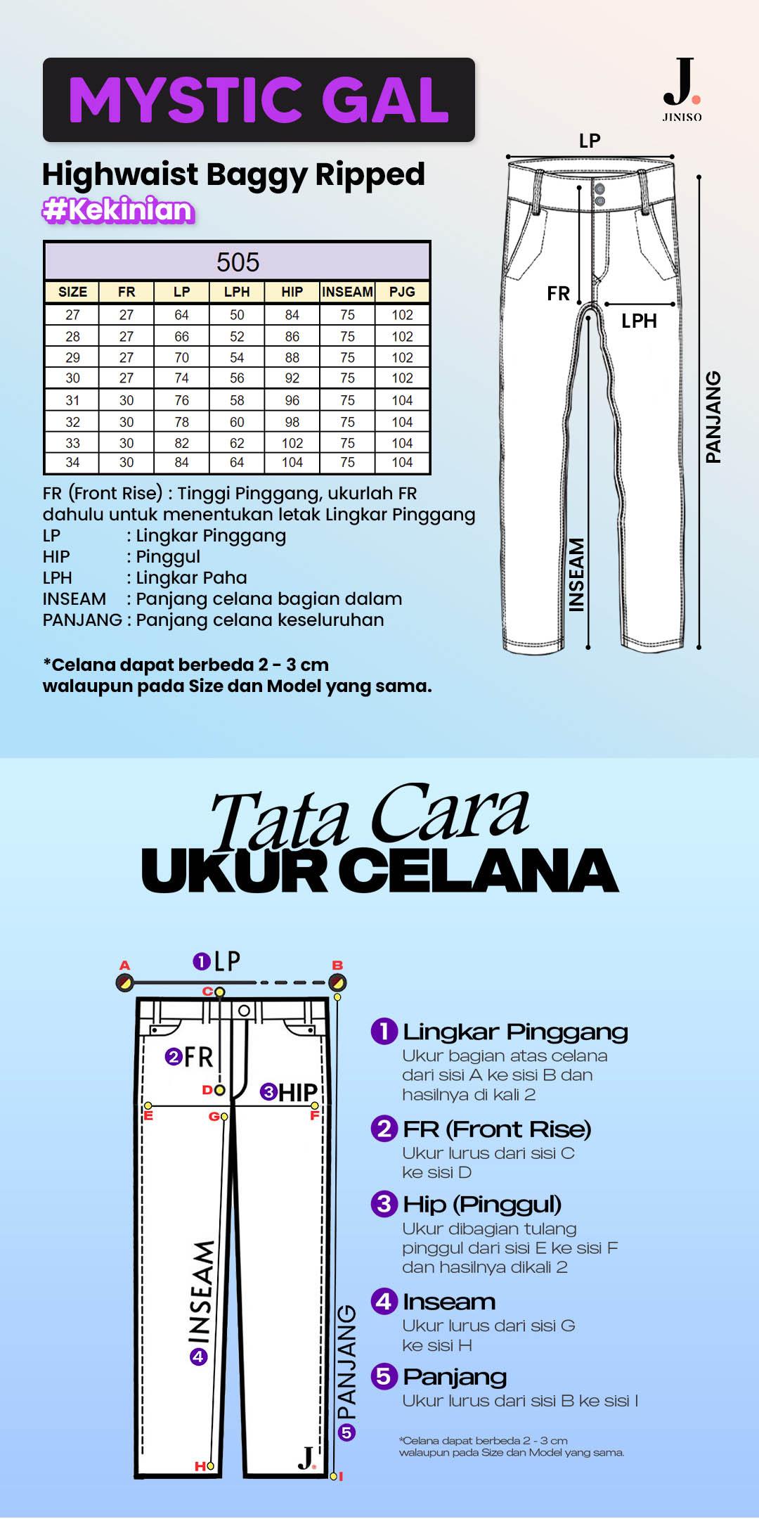 JINISO MYSTIC GAL - 505 Baggy Ripped Highwaist Celana Panjang Jeans Wanita Warna Ocean Blue