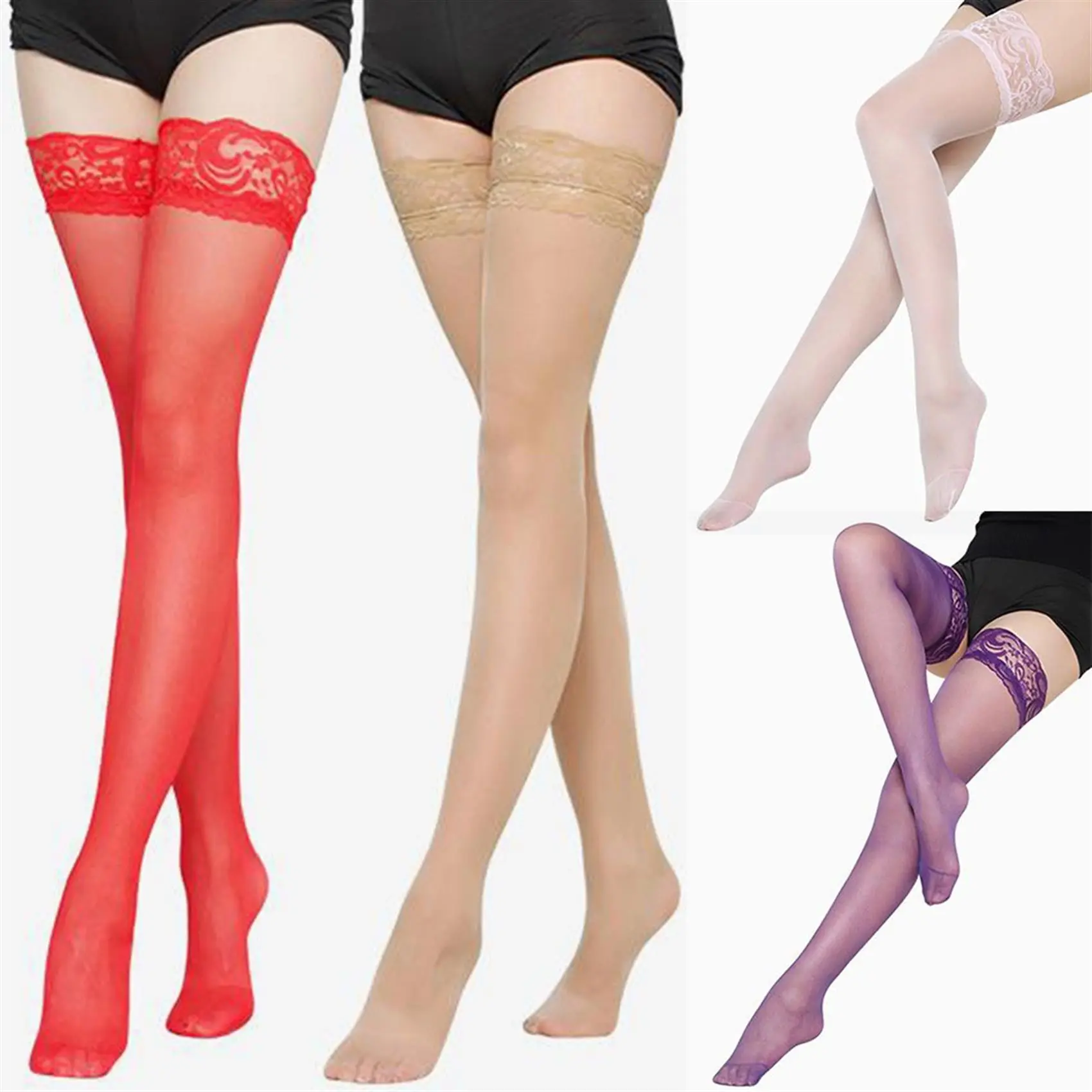 Cross Border Four Bone Stockings Lace Tight Fitting Women's Sexy Night Total Knee Length Transparent Pantyhose Women's Stockings