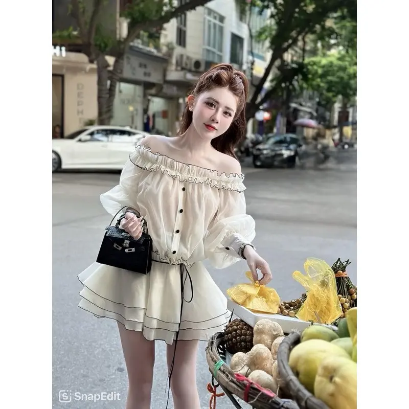 Váy trễ vai bèo viền đen chất tơ xốp dáng bí có quần rời - Nữ - Women - Tre Dress Teheeshop váy  tiệc 1