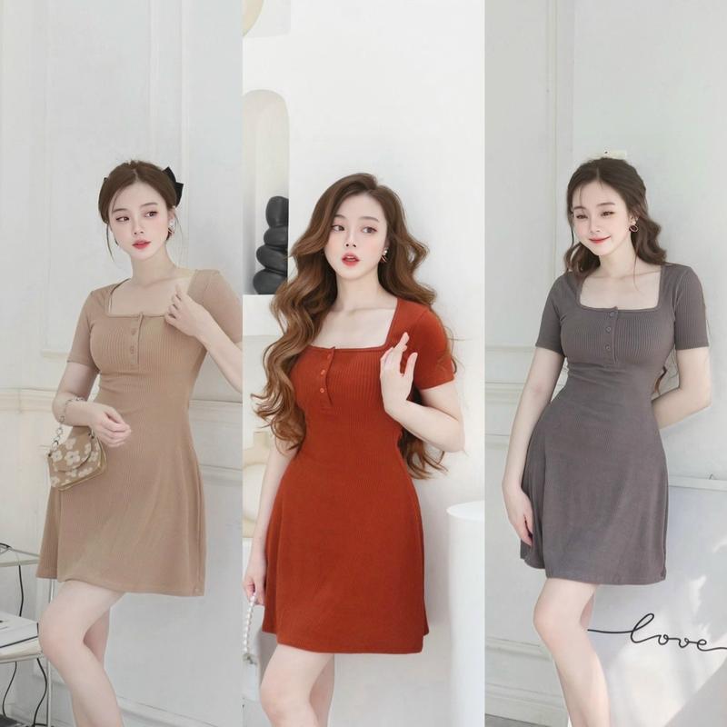 {S.ALE XẢ KHO} KA06 - Đầm Cổ Vuông Nữ Có Nút Dáng Ngắn Xoè Chữ A Chất Len Tăm Co Giãn