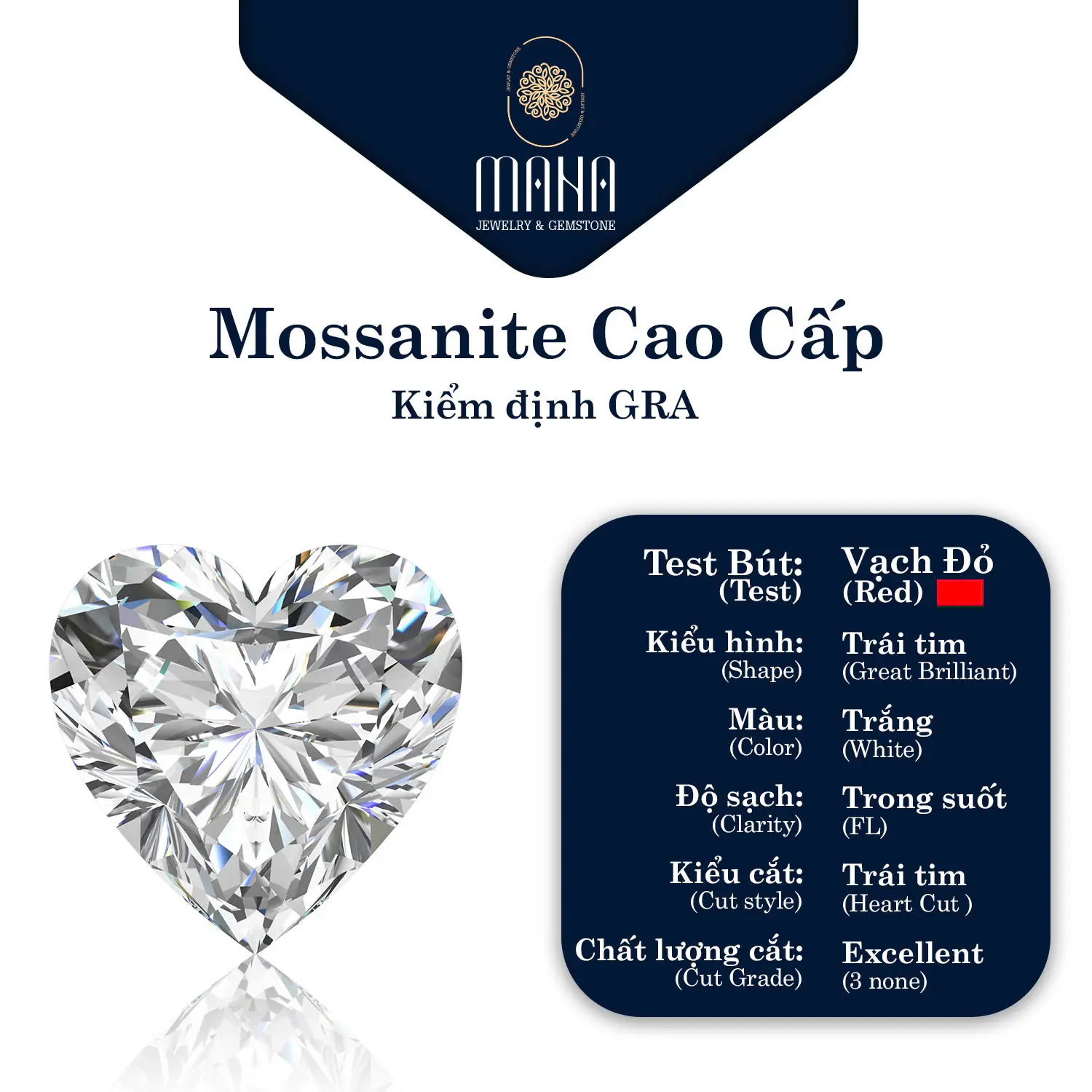 Kim cương Moissanite màu Trắng giác Trái Tim 4.5 - 8.0 ly viên Hình Hàng Mỹ (kèm Kiểm Định GRA)