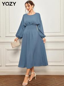 YOZY Arabic Clothing-Plain Plicated Lantern Sleeve Round Neck A-Line Midi Dress, Casual Minimalist Comfort Long Sleeve Flared Dresses for Outdoor Work Business, Lady Spring & Fall Clothes, Womenswear