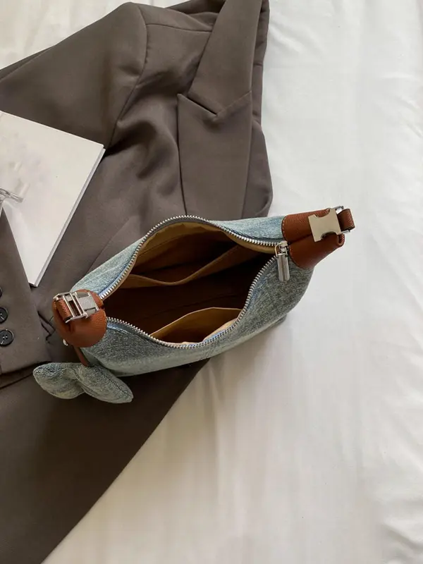 Women's Elegant Colorblock Denim Effect Design Crossbody Bag, Fashionable Zipper Shoulder Bag for Daily Used, Casual Trendy Versatile High-quality Daily Commuting Bag 5