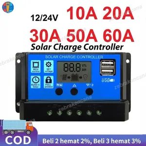 60A Solar Charge Controller  Cell PWM Pengisi Daya Surya 12V/24V 10A 20A 30A 50A 60A USB Panel Surya Charge Charger Aki