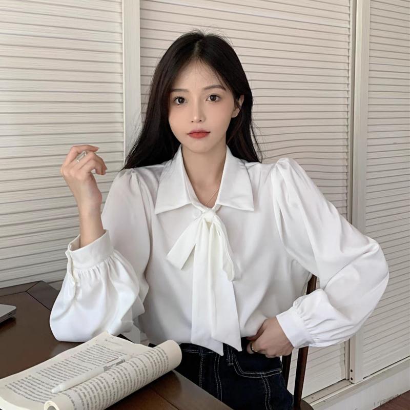 Áo Sơ Mi Bigsize Nữ Tay Dài Bo ,Áo Sơ Mi Kiểu Nữ Nơ Buộc Thời Trang Công Sở Vải Lụa Chéo Mềm Mát Ít Nhăn SM16 Top Cổ Tròn Women Shirt Kem