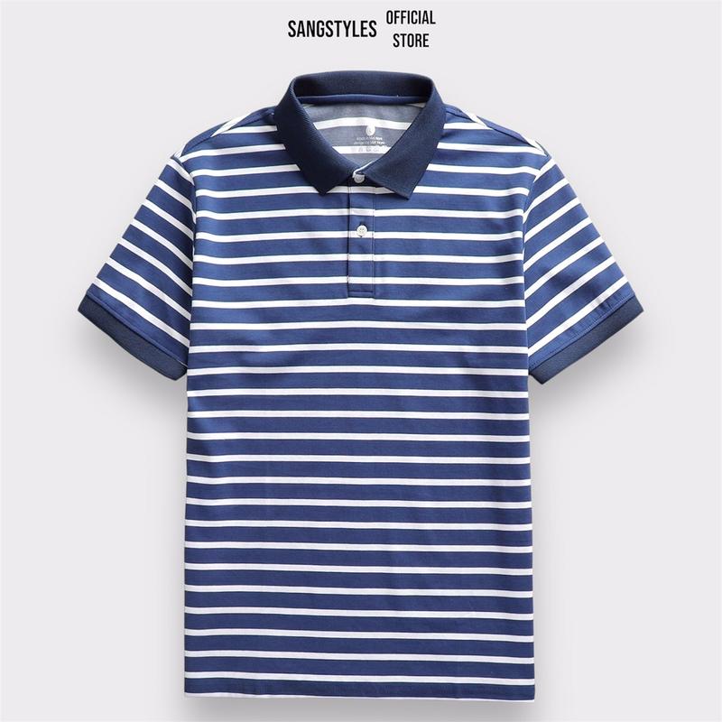 Áo Thun Nam Polo Xanh Navy Sọc Trắng Chất Liệu Vải Cotton Mềm Mịn Mát Thấm Hút Mồ Hôi Tốt Menswear Shirt Có Cổ Ngắn Tay