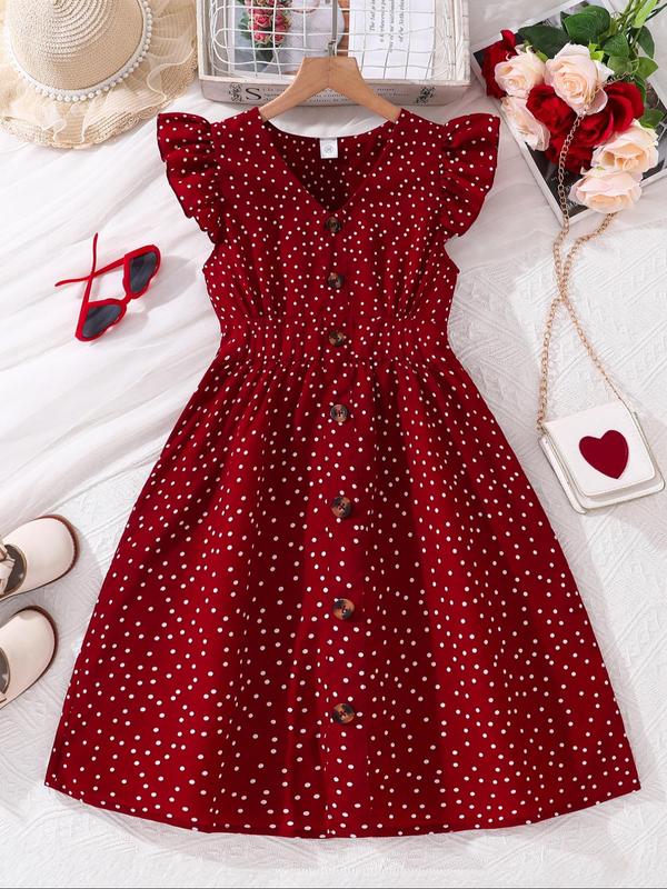 Girl's Striped Print Button Decor Ruffle Trim Dress, Casual Short Sleeve Collar Dress for Summer, Kids Clothes for Daily Wear 4