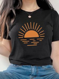 ImprinTee Women's Sun Print Round Neck Tee, Casual Short Sleeve T-shirt for Summer, Ladies Clothes for Daily Wear