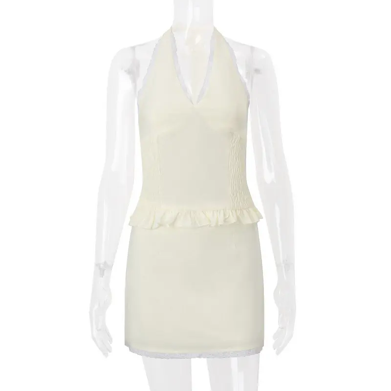 Women's Skirt Outfit, Lace Trim Tie Halter Neck Sleeveless Ruffle Tops Mini Skirt 2 Pcs Set for Daily Party Club