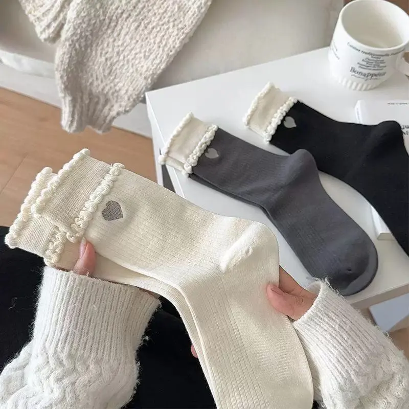 Set 5 Đôi Tất Vớ Nữ Cotton Tăm Cao Cổ Viền Bèo Hoạ Tiết Tim Hot tcc21 Women