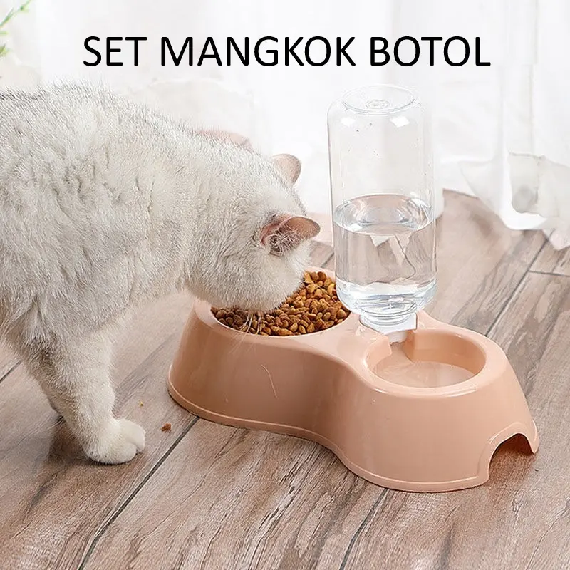 (Harga 1 Set) Set Mangkok Botol Tempat Makan Hewan Peliharaan Kucing Anjing Dua Lubang Untuk Makanan dan Air Termasuk Botol 500ml Bahan Plastik