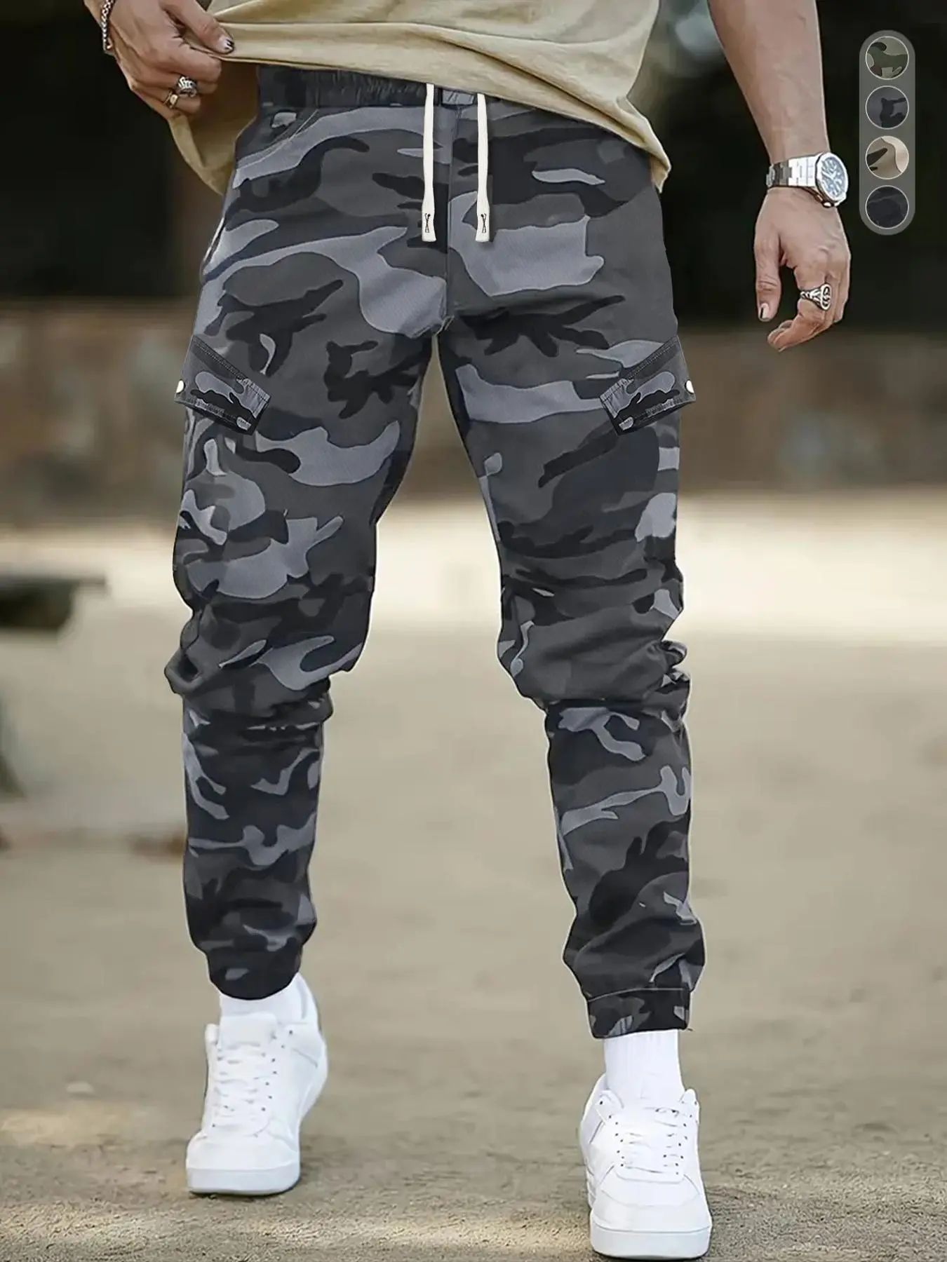 Men's Camo Print Drawstring Waist Cargo Pants, Casual Regular Fit Pocket Trousers for Outdoor Hiking, Fashion Men's Bottoms for All Seasons, Streetwear Joggers