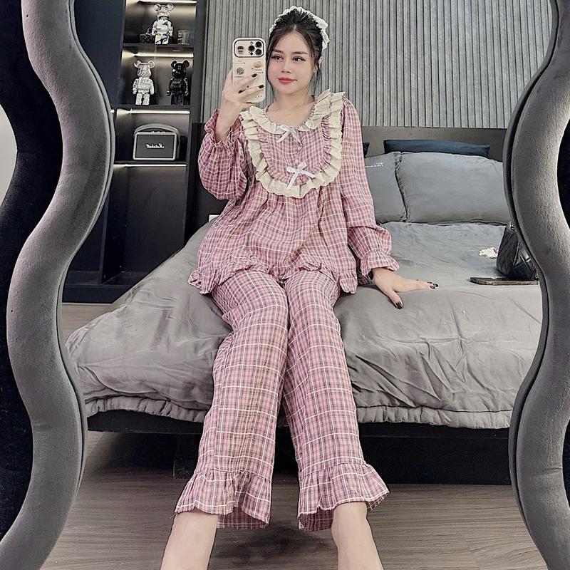 Set Bộ Đồ Nữ BabyDoll Phối Ren Bèo Cổ Yêm Đính Nơ Tiểu Thư, Bộ Quần Áo Dài Tay Mặc Ở Nhà Thiết Kế Thu Đông - K66 Women 1