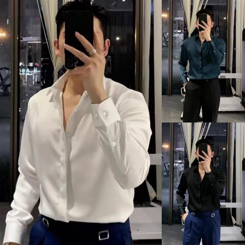 ÁO SƠ MI NAM GIẤU CÚC HÀN QUỐC CAO CẤP LUXURY màu xanh , vải lụa bóng không nhăn , form đẹp tay dài đi học đi làm công sở bigsize Menwsear Menswear khỏe mạnh