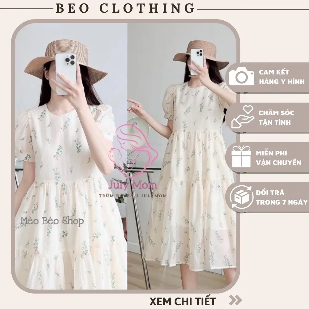 Váy họa tiết hoa nhí,Đầm babydoll dáng dài ,Váy thiết kế 2 lớp chất liệu tơ cao cấp Women Nữ Dress Voi