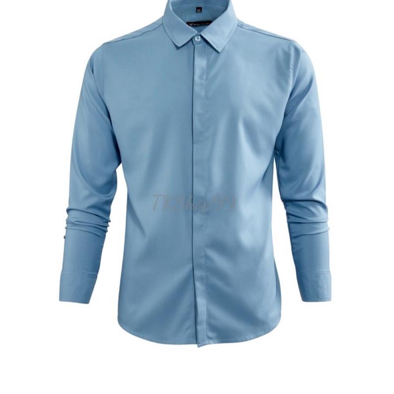 Áo Sơ Mi Nam Trắng Đen Trơn Màu Lụa Dài Tay Nẹp Cúc Chống Nhăn Menswear Nam Có Cổ Trơn Đen Cổ Tròn 2