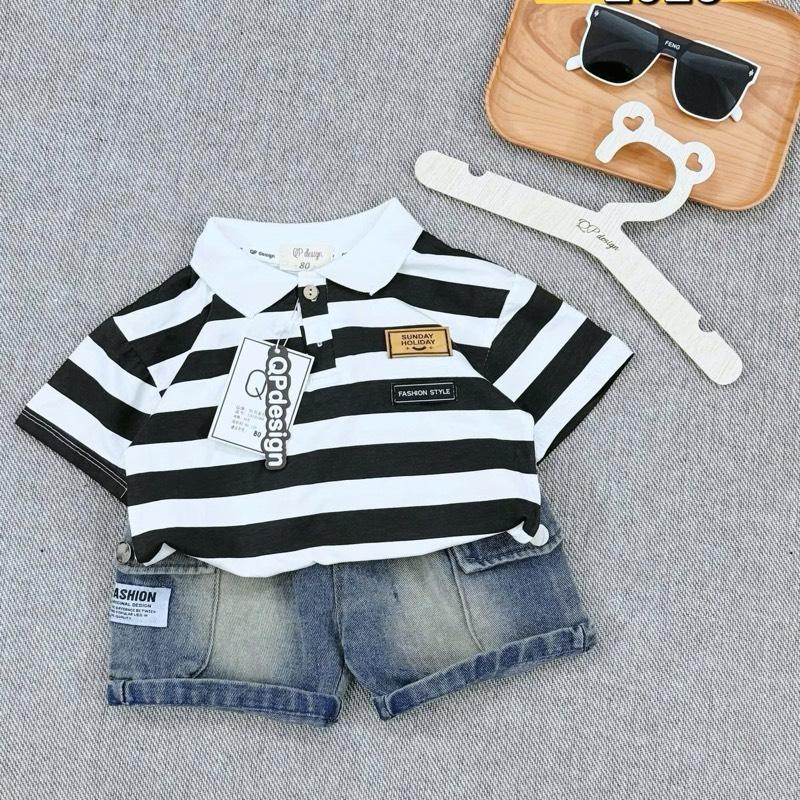(Minh Nhật kids) Bộ polo cộc tay kẻ ngang 8-28kg cho bé , áo polo chất cotton mềm mát, quần jean mềm 2