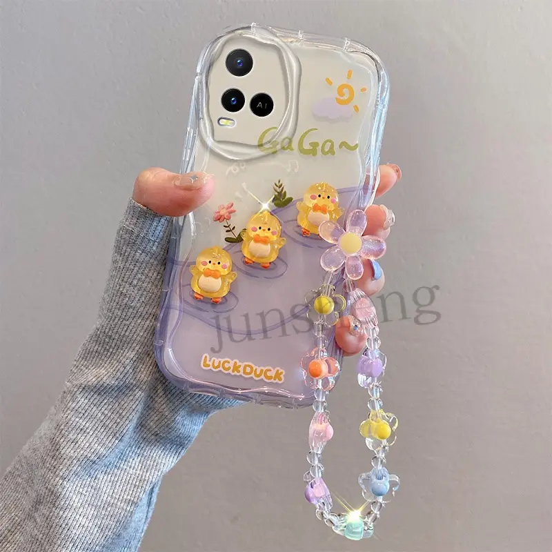 Ốp Silicon Gợn Sóng Trong Suốt Cho VIVO Y21, Y21S, Y21A, Dễ Thương, Hoạt Hình 3D, Hoa Tulip, Thỏ, Động Vật, Kem, Viền, Ốp Có Dây Đeo Vòng Tay 4