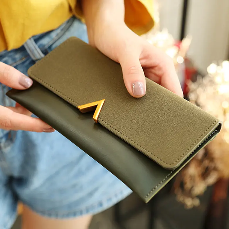 Ví Nữ, Hàng Mới Về, Thiết Kế Gấp Hai Lần, Kiểu Dáng Dài, Cá Tính, Thời Trang, Nhiều Khe Cắm Thẻ, Đơn Giản Và Đa Năng, Phong Cách Cổ Điển Mờ, Mỏng, Ví Cầm Tay Wallet Hình Chữ Nhật Da