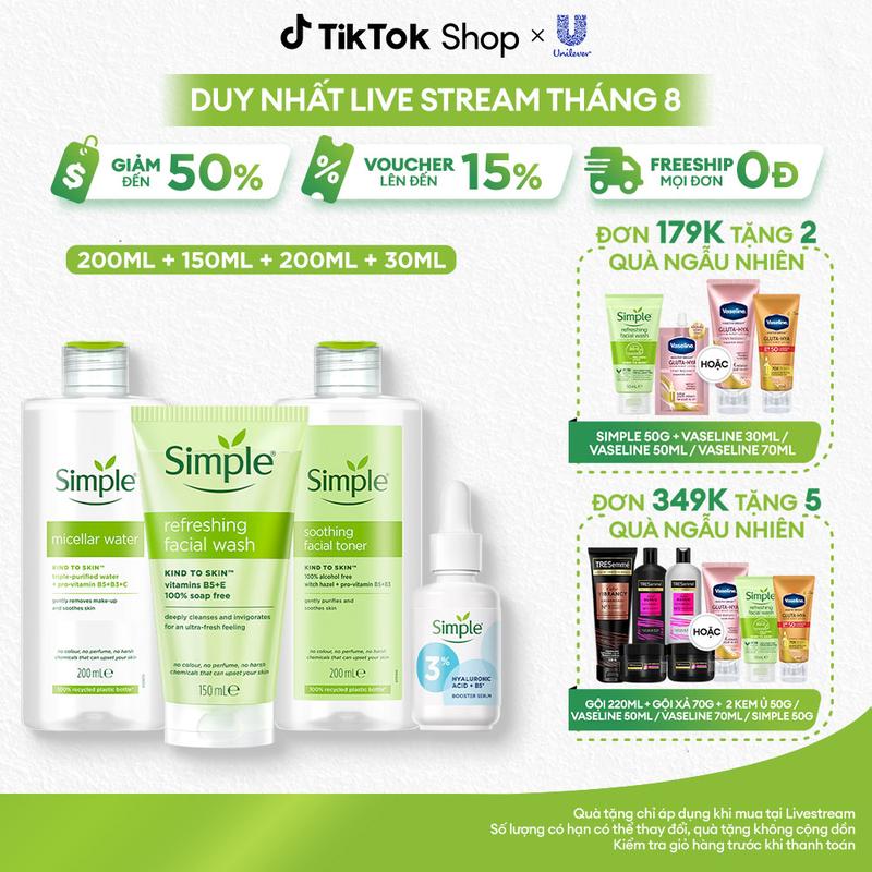 Combo Skincare 4 Simple Nước tẩy trang 200ml + Sữa rửa mặt lành tính sạch thoáng 150ml + Nước hoa hồng 200ml + Serum cấp ẩm 30ml cho da sạch khỏe đàn hồi [1]