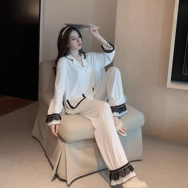 Bộ Đồ Ngủ Nữ, Bộ Áo Dài Tay Và Quần Dài, Trang Trí Ren Gợi Cảm, Đồ Mặc Ở Nhà Màu Đen, Cảm Giác Cao Cấp, Thích Hợp Cho Mùa Xuân đồ  ngủ  hoa  nhí Voi 8