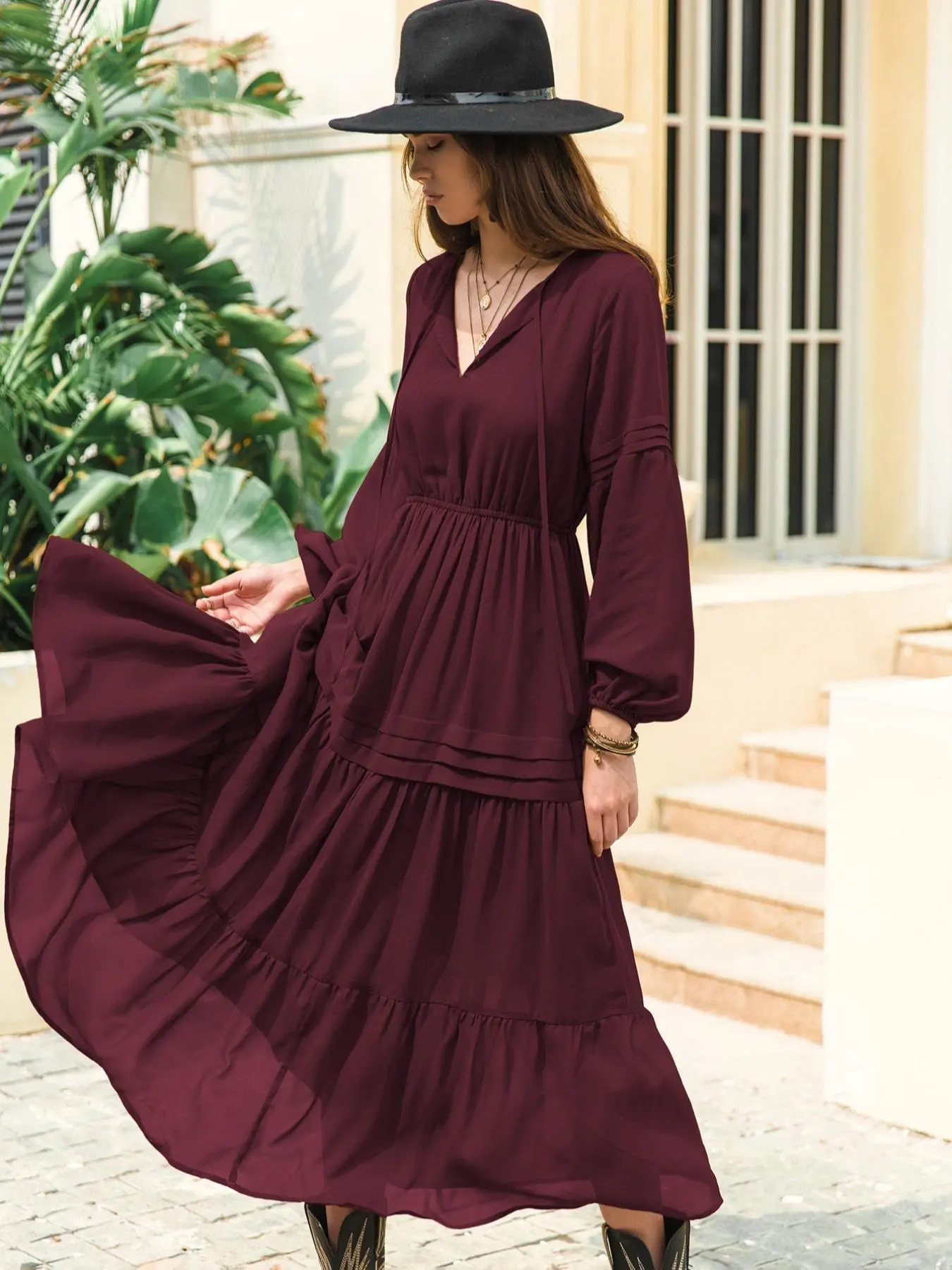 Lantern Sleeve Tie Neck Ruffle Hem A-line Long Greendress, Chic Girl Outfit, Tiered Milkmaid Dress, Women Maxi Dress, Going Out Outfits 2024, Dresses for Women, Birthday Dresses 2024, Tummy Flattering Dress, Halloween, Halloween Costume, Holiday Dresses