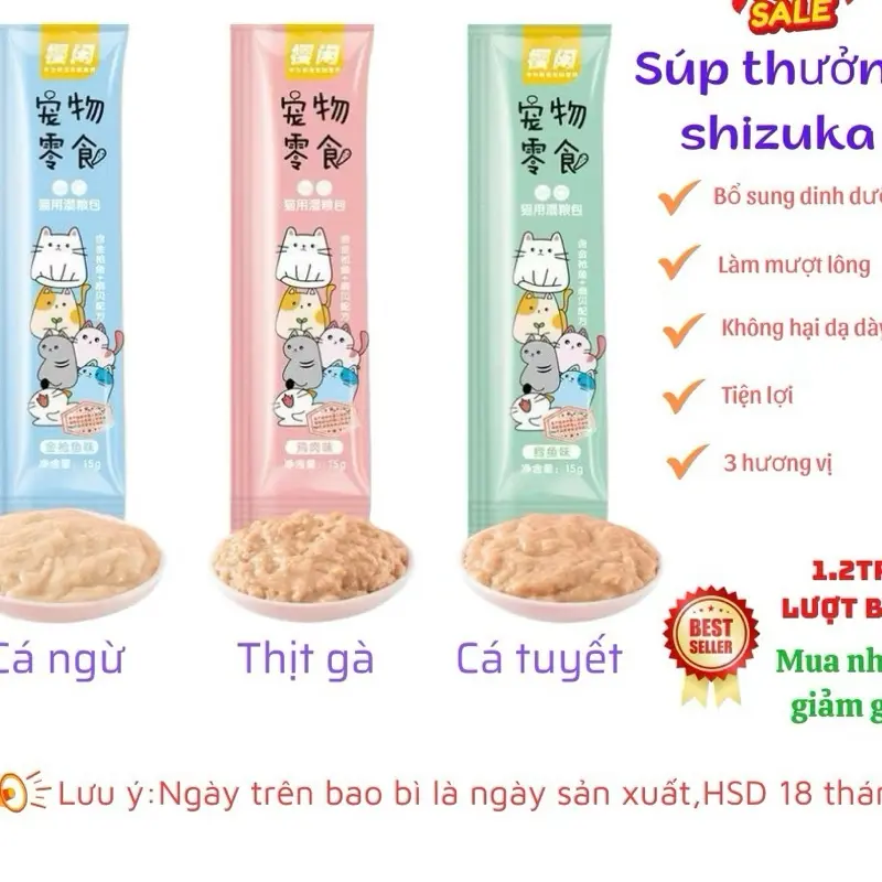 Súp Thưởng Shizukas Cho Mèo Với 3 Hương Vị: Gà, Cá Ngừ, Cá Tuyết