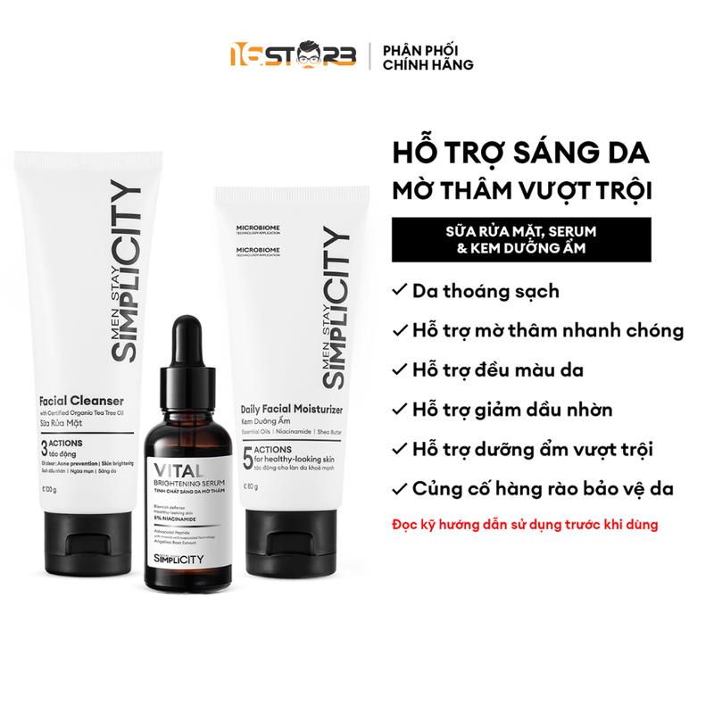 Bộ sản phẩm hỗ trợ sáng da, mờ thâm cho nam Men Stay Simplicity Brightening Trio gôm Sưa rửa mạt 100g, Serum Vital 30ml & Kem Dưỡng Am 80g
