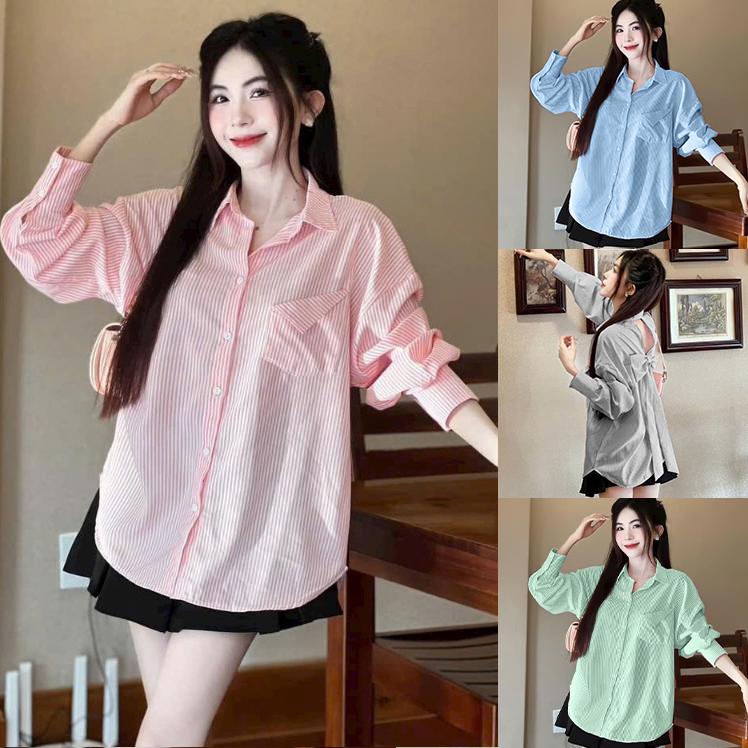 BIGSIZE 50-95kg Áo Sơ Mi Nữ Sọc Tay Dài Cách Điệu Thắt Nơ Sau Lưng Form Rộng Dễ Thương Cao Cấp Cho Nàng Béo Xinh Top Women somi hot trend