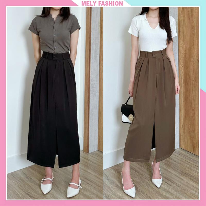 Chân váy bút chì dáng dài công sở xẻ trước cạp cao to bản ôm eo tôn dáng phong cách sang trọng CV95-01