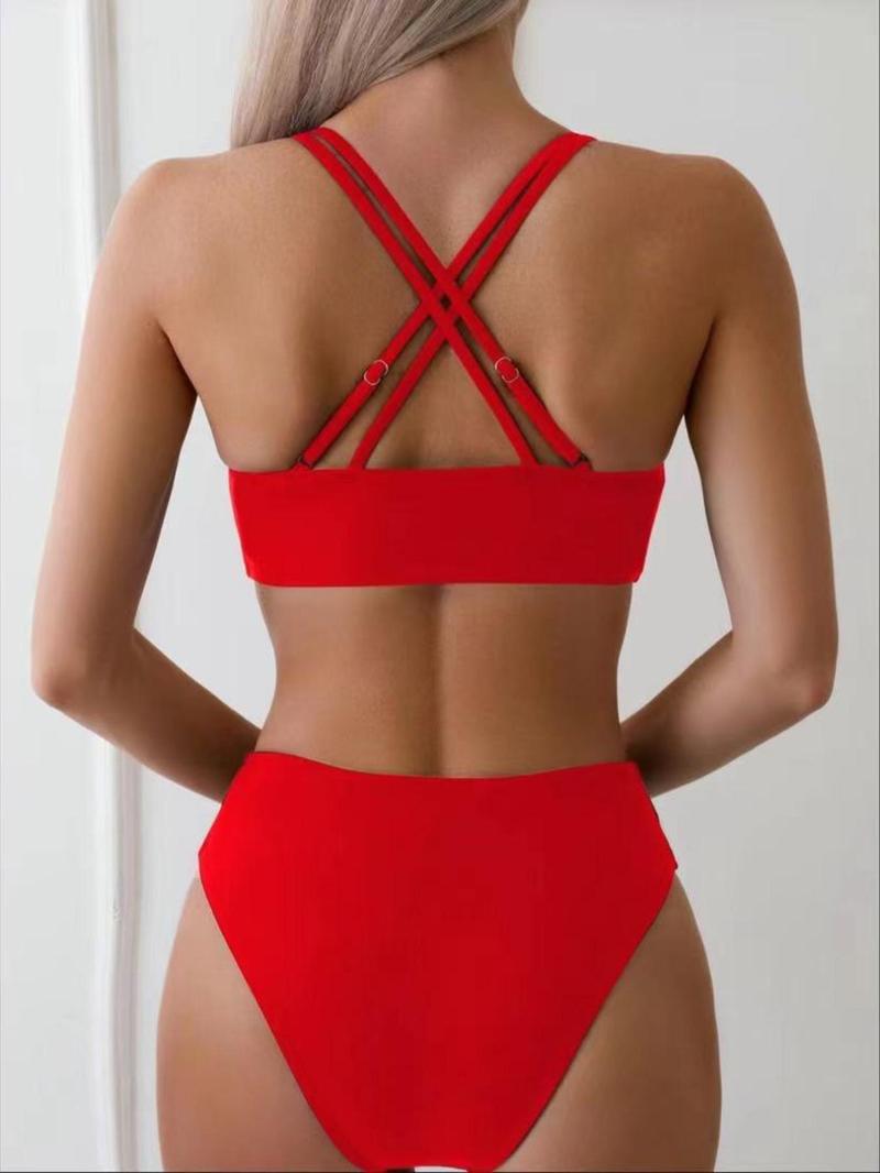 Product Introduction of Two-piece Set Women's Cut Out Bikini Set, Adjustable Strap Criss Cross Wireless Swim Bra with Removable Pads Design & Swim Panty, Ladies Summer Swimsuit Sets for Beach Holiday Vacation, Bathing Suits 2024 for Women 13