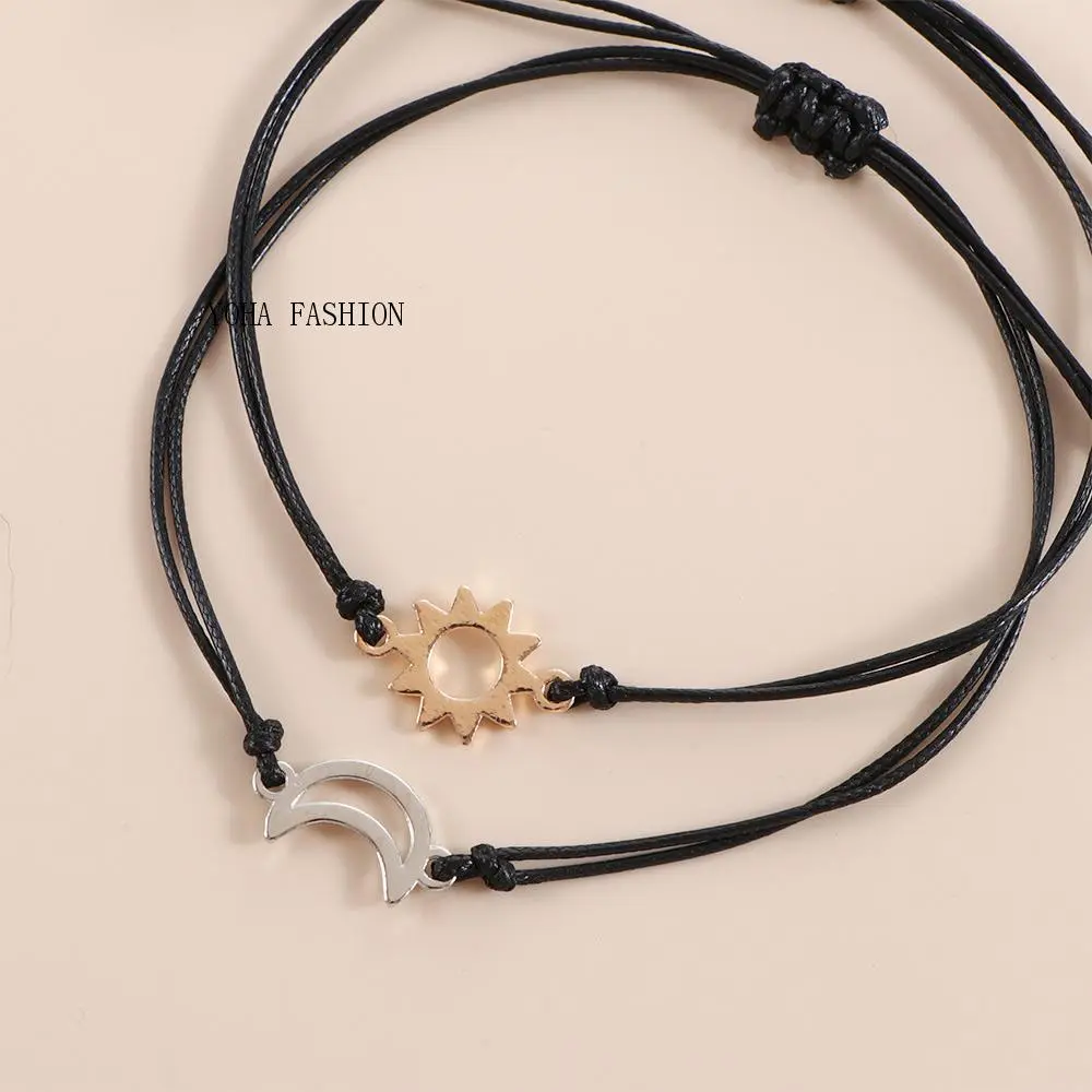 Bộ Vòng Tay Cặp Đôi Cho Nữ, 2 Món, Dây Chỉ Bện Thủ Công Màu Đen, Vòng Tay Thẻ Quyến Rũ Mặt Trời Và Mặt Trăng Bohemian, Đồ Trang Sức