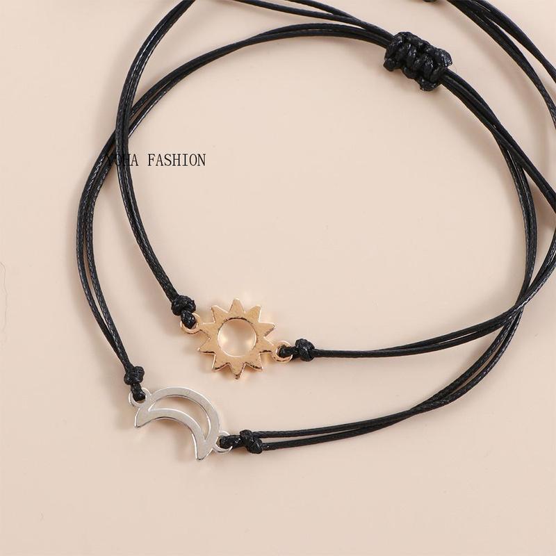 Bộ Vòng Tay Cặp Đôi Cho Nữ, 2 Món, Dây Chỉ Bện Thủ Công Màu Đen, Vòng Tay Thẻ Quyến Rũ Mặt Trời Và Mặt Trăng Bohemian, Đồ Trang Sức 0