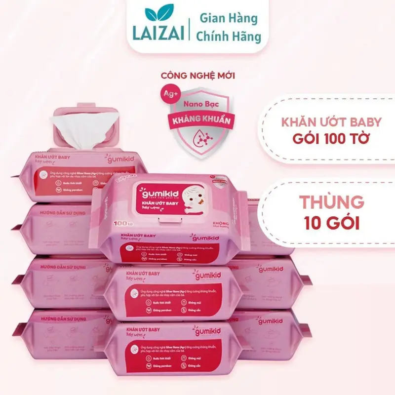 Combo 10 Gói Khăn Ướt GUMI Kid Phiên Bản Mới Có Thêm Công Nghệ Nano Giá Không Đổi, Bịch Khăn Ướt 100 Tờ, An Toàn Cho Bé GUGM-012 0