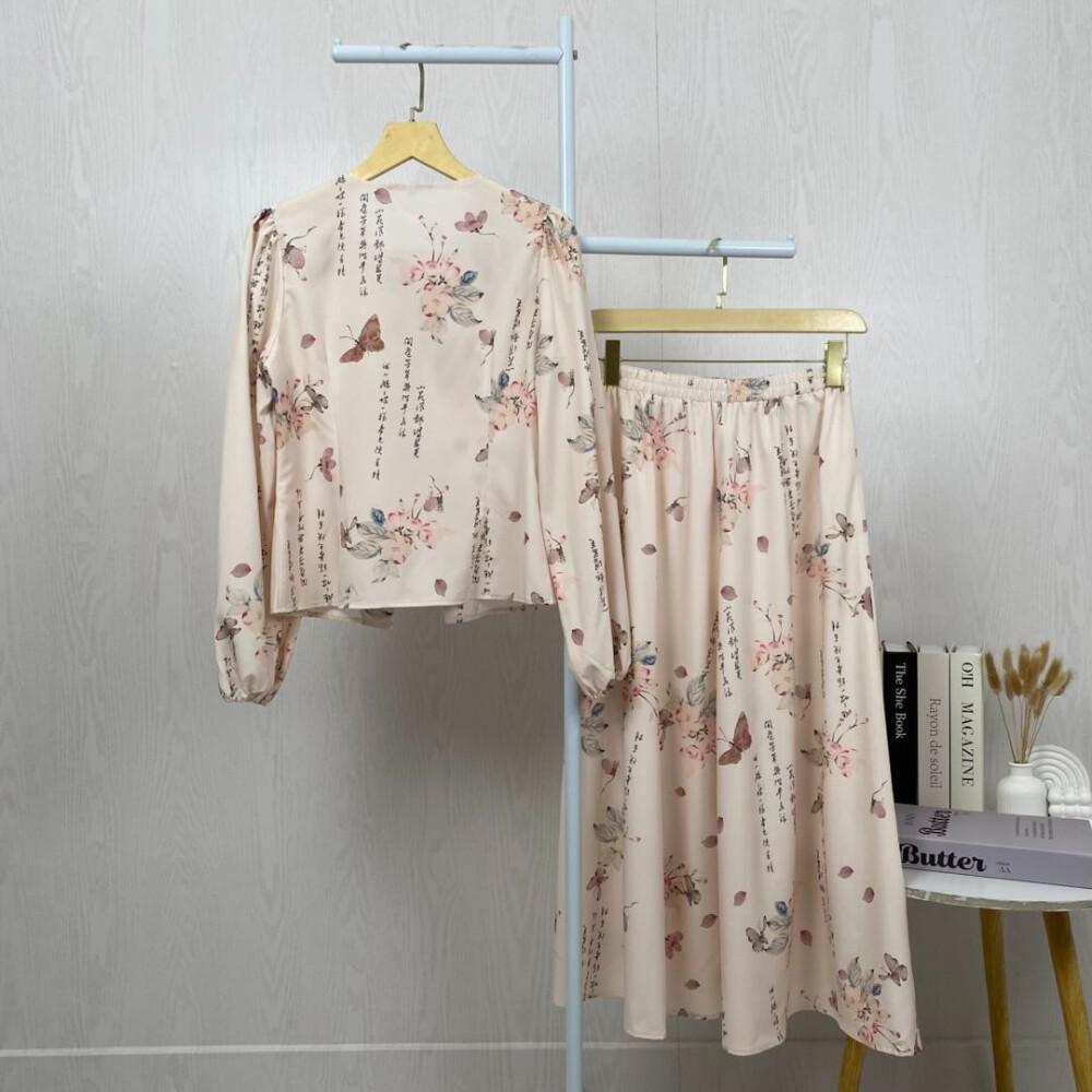 Asaya Setelan wanita bergaya retro Tiongkok, atasan lengan panjang dengan kancing buatan tangan dipadukan dengan rok model A-line yang stylish