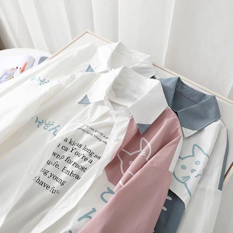 Product Introduction of Áo Sơ Mi Dài Tay Dáng Rộng Phong Cách Preppy, Dành Cho Giới Trẻ, Dành Cho Bé Trai, Xu Hướng Mùa Xuân Và Mùa Thu, Áo Sơ Mi Mèo Hoạt Hình, Thích Hợp Cho Các Cặp Đôi 7