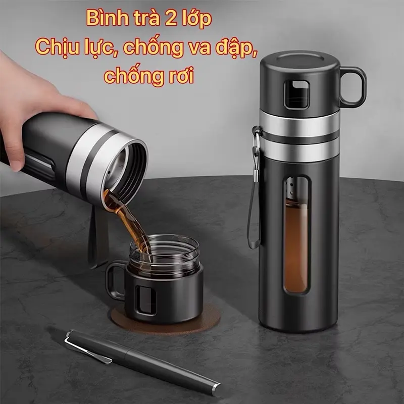 Bình Pha Trà Thủy Tinh 2 Lớp Cách Nhiệt Dung Tích 520ml Phiên Bản Nâng Cấp Có Lõi Lọc Trà Độc Lập Và Cốc Uống Có Quai Cầm Kèm Dây Treo Chắc Chắn 3