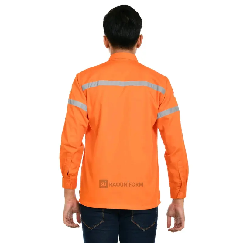 Seragam Kerja, Baju Industri, Baju Lapangan, Baju Safety Lengan Panjang, Baju Safety Proyek, Seragam Proyek, Kemeja Safety Abu Biru Bordir Merah Putih Wearpack 2