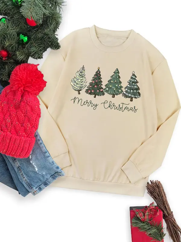 Women's Christmas Tree & Letter Print Round Neck Sweatshirt, Casual Long Sleeve Crew Neck Pullover for Fall & Winter, Women's Clothes for Daily Wear 6