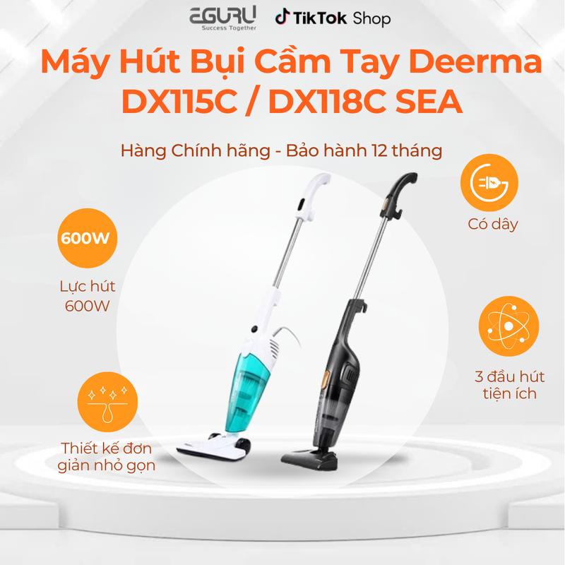 Máy Hút Bụi Cầm Tay Deerma DX115C / DX118C SEA Công Suất 600W Lực  15000PA - 3 Đầu  - Hộp chứa  dung tích lớn | Dây điện dài 4.5 mét | BH Chính Hãng 12 tháng |  hút bụi
