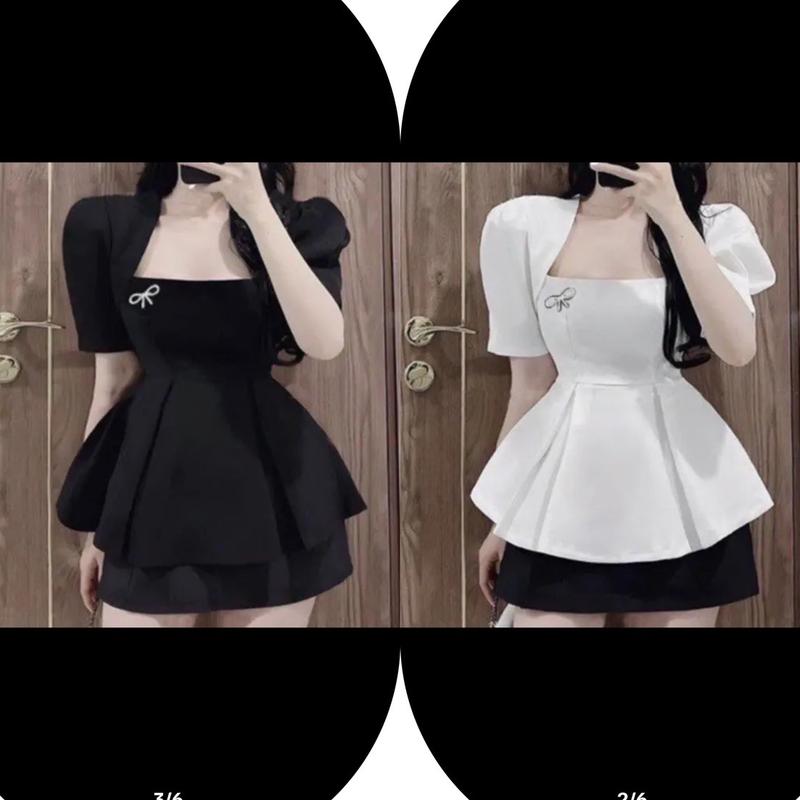 áo peplum cổ vuông tay bồng phối tag nơ