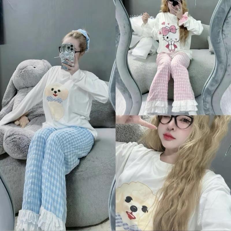 Set áo tay dài trắng cổ tròn D in hoa tiết dễ thương kèm quần caro xanh phối bèo women Beo