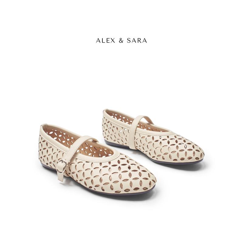 BB01- Giày búp bê nữ đế bệt dẻo mũi tròn chất da mềm thiết kế khắc lazer thời trang Alex Sara Shoes