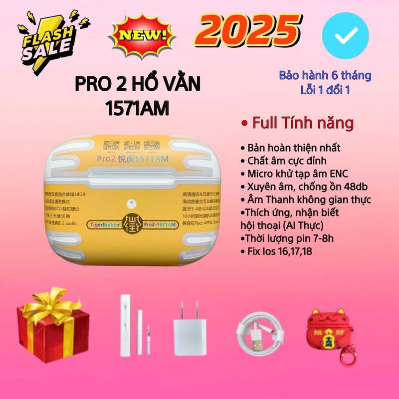 Tai Nghe P.ro2 Hổ Vằn 1571AM, Bản Cao Cấp, Bluetooth 5.4, Chống Ồn Chủ Động 48db, Âm Thanh Không Gian, Micro Khử ồn ENC, Thích Ứng, Nhận Biết Hội Thoại Với AI Thực, Nhét Tai, Kem, Tặng Ốp + Bộ Sạc 5V-1A+ Bộ Vệ Sinh Earphone, Bảo Hành 6 Tháng - Lỗi 1 Đổi 1