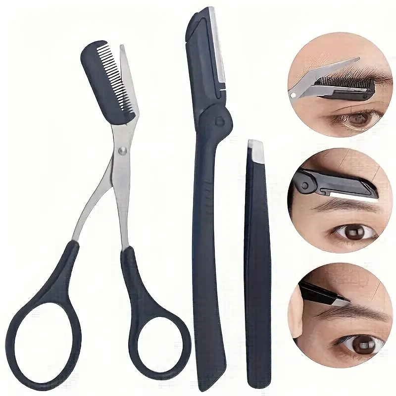 An extraordinary stainless steel eyebrow grooming set, including eyebrow trimmers, combs, tweezers and razors that can be used by both hands, a versatile beauty tool set suitable for both men and women, odorless facial exfoliating tool
