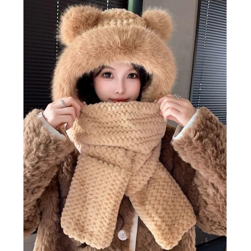 MŨ TAI MÈO 3n1 Mũ lông cừu  giữ ấm mùa đông 3 trong 1(khăn ,mũ,gang tay)nón len nữ tai mèo kèm khăn quàng cổ