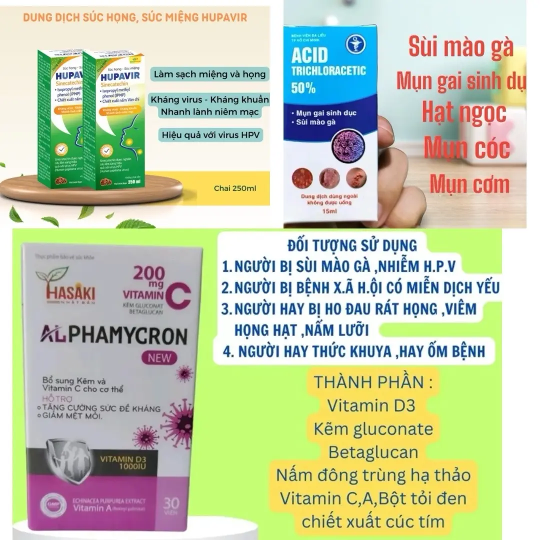 Combo dd Acid Trichloracetic+ dd xúc miệng họng HUPAVIR+ Viên ALPHAMYCRON( gai u nhú lưỡi+ sùi mào ga lưỡi)