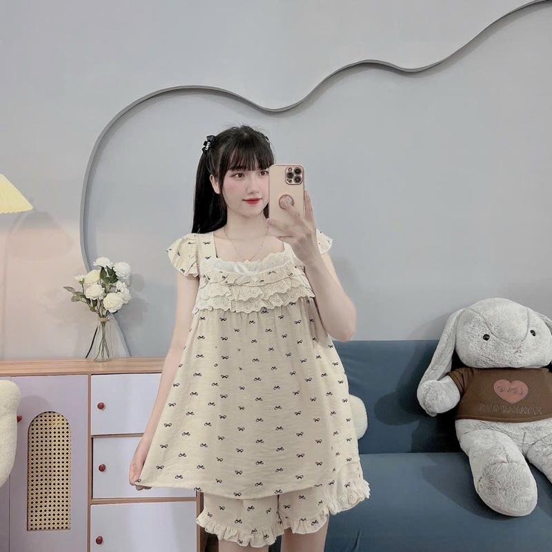 BỘ BẦU ĐÙI ĐŨI HÀN IN NƠ CỔ VUÔNG REN-CỔ BO CHUN -4 màu, quần có chun chỉnh 9