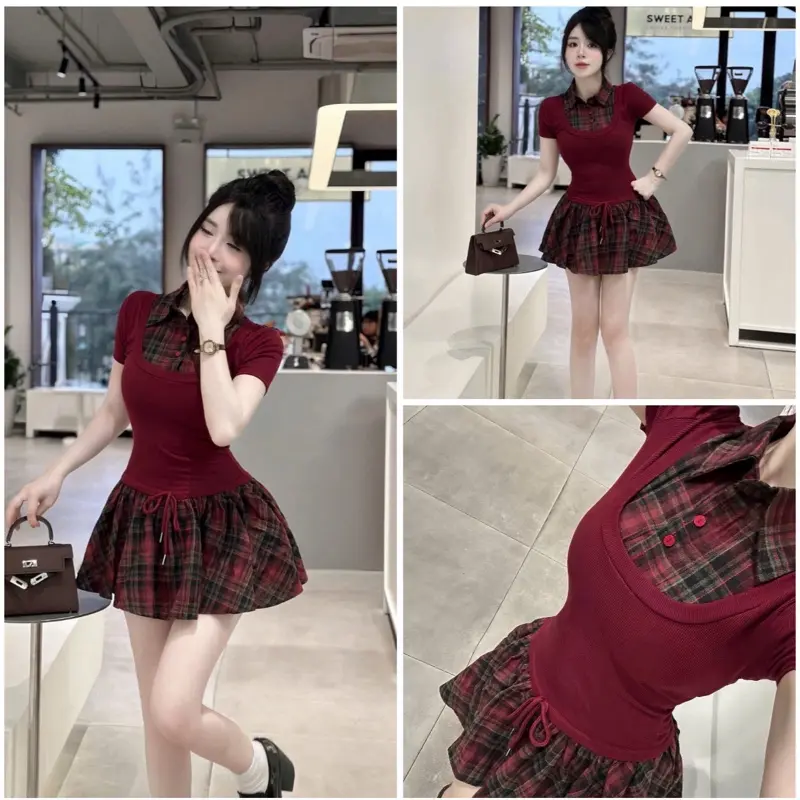 [ Kèm Lót ] Đầm Body Sơ Mi Tay Ngắn Caro Phối Kẻ Sọc Cài Nút Thắt Eo Sang Chảnh -Váy Dành Cho Mùa Hè